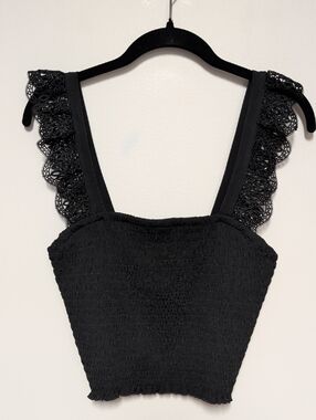 Express Black Smocked Top with Lace Trim